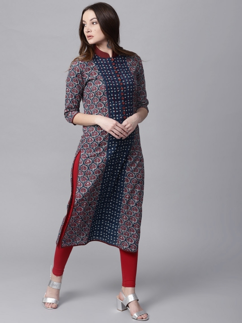 

Jaipur Kurti Women Navy Blue & Pink Printed Straight Kurta