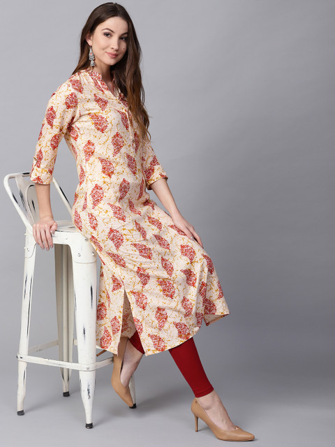 

Jaipur Kurti Women Cream-Coloured & Red Printed Straight Kurta