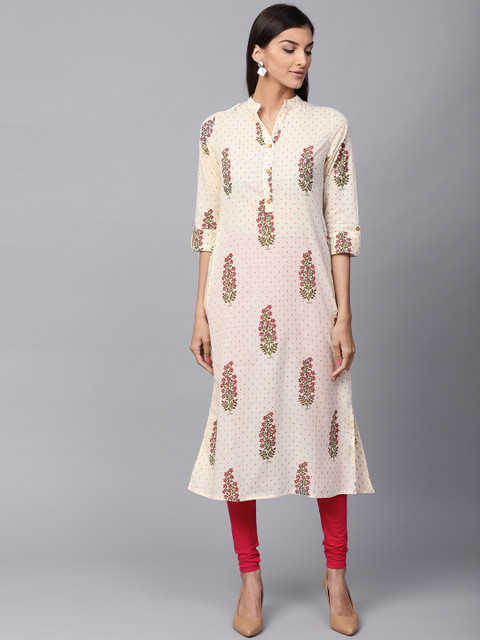 

Jaipur Kurti Women Off-White & Pink Printed Straight Kurta