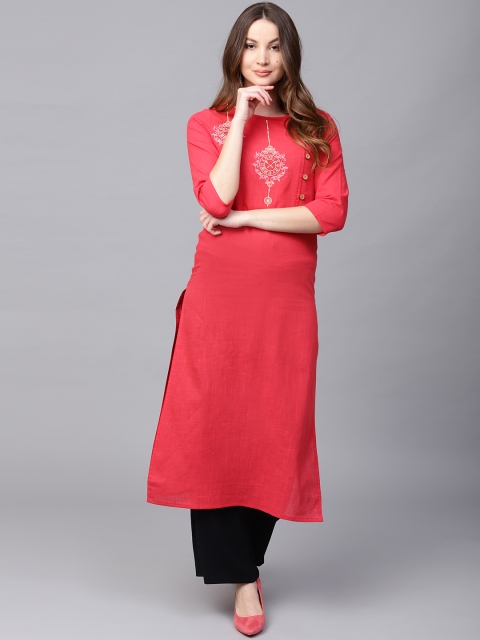 

Jaipur Kurti Women Coral Pink Solid Angrakha Straight Kurta