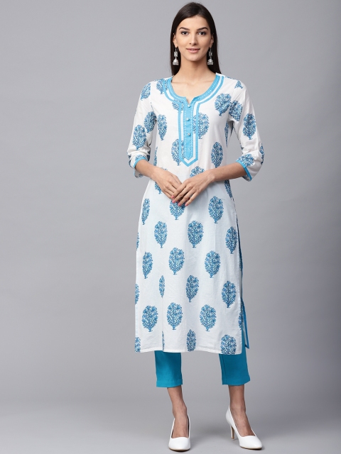 

Jaipur Kurti Women White & Blue Printed Kurta with Trousers
