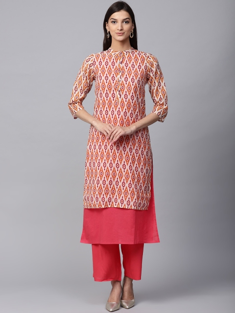 

Jaipur Kurti Women Pink Ikat Print Layered Kurta with Palazzos