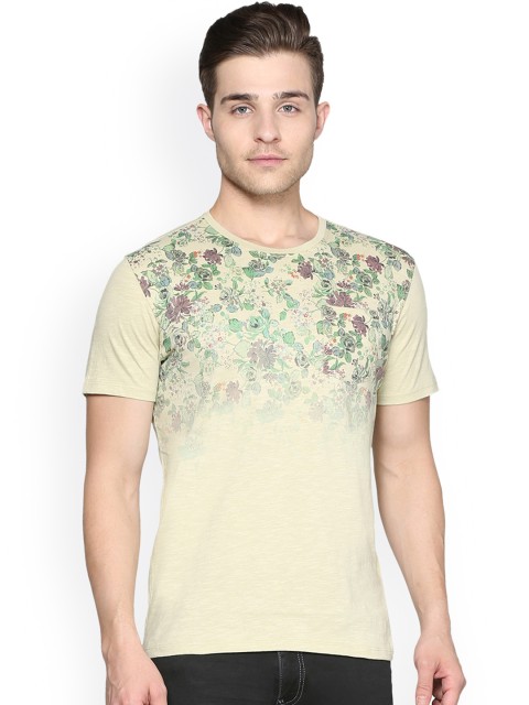 

V Dot Men Beige Printed Round Neck Slim Fit T-shirt