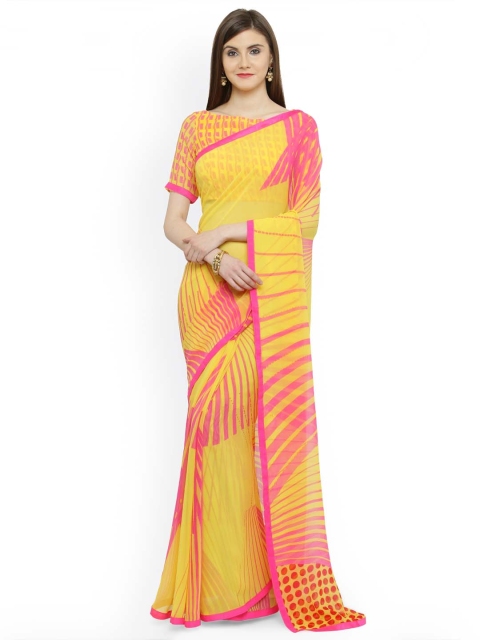 

Shaily Yellow & Pink Pure Georgette Striped Saree