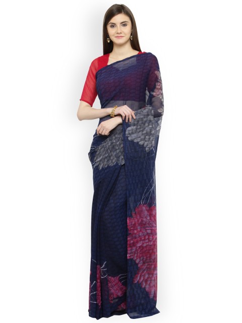 

Shaily Blue & Red Pure Georgette Printed Saree