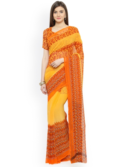 

Shaily Orange & Yellow Pure Georgette Printed Saree