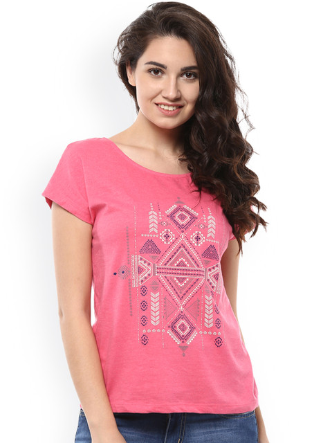 

People Women Pink Printed Round Neck T-shirt