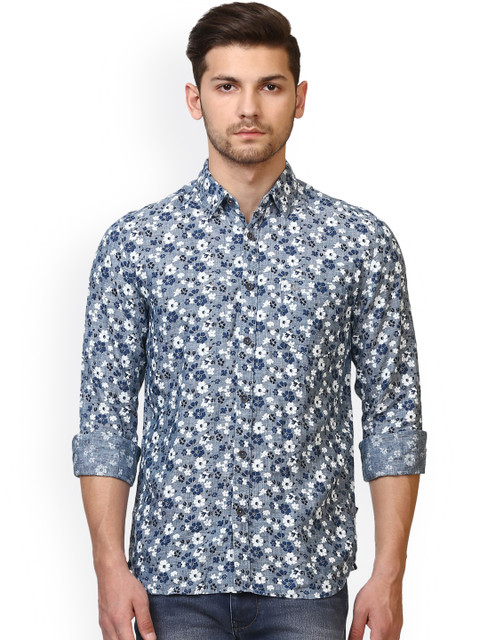 

Parx Men Blue & Grey Slim Fit Printed Linen Casual Shirt