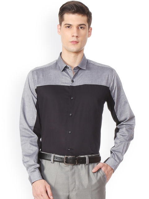 

V Dot Men Black & Grey Slim Fit Colourblocked Formal Shirt