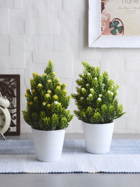 

House Of Accessories Set of 2 Green, White & Yellow Artificial Plants With Pot