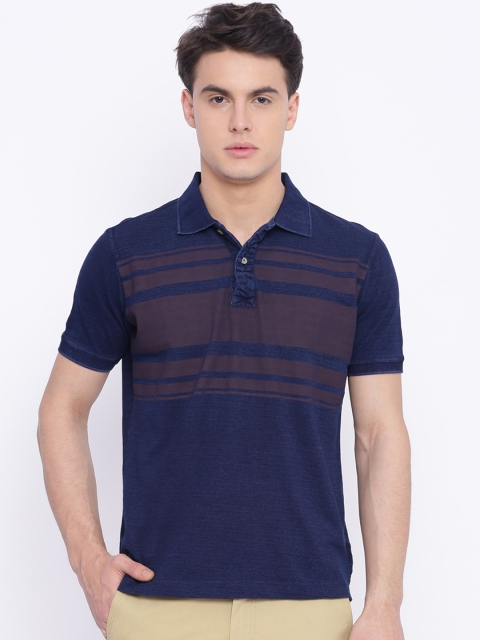 

Solly Jeans Co. Men Navy Blue Striped Polo Collar T-shirt