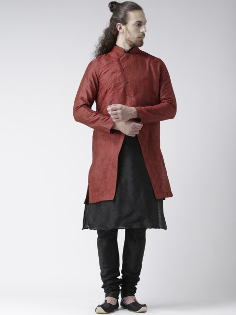 

DEYAAN Red & Black Woven Design Jacquard Sherwani With Achkan