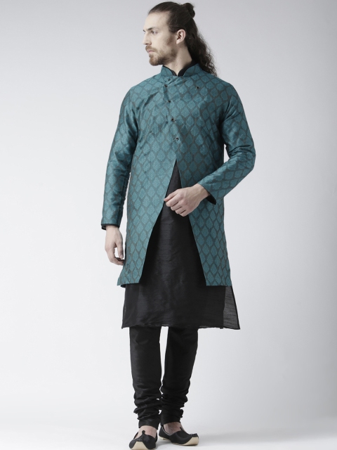 

DEYAAN Teal & Black Woven Design Jacquard Sherwani With Achkan