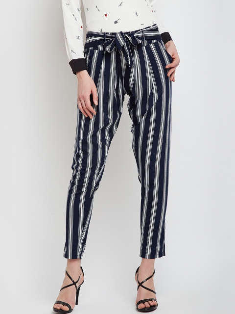 

PANIT Women Navy Blue & White Smart Straight Fit Striped Cigarette Trousers