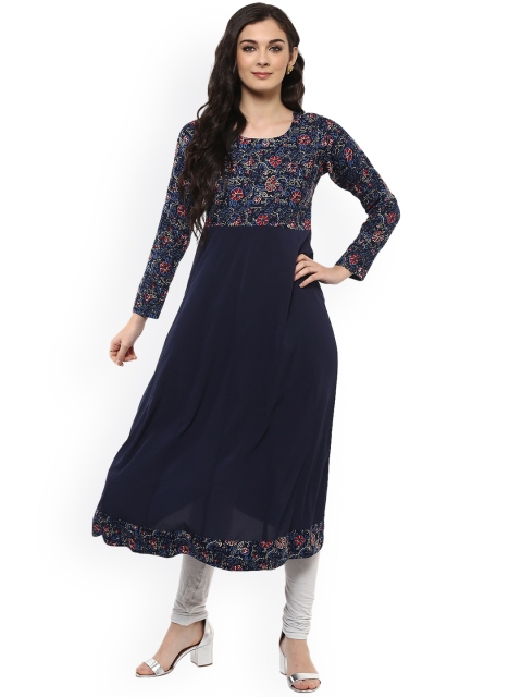 

Ives Women Navy Blue Printed A-Line Kurta