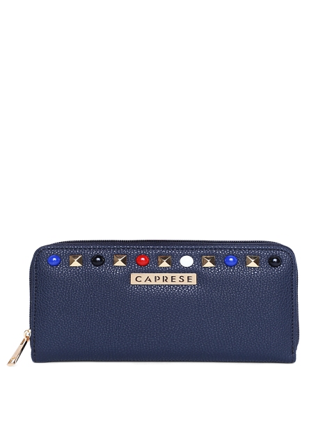 

Caprese Women Navy Blue Solid Zip Around Wallet with Embellished Detail
