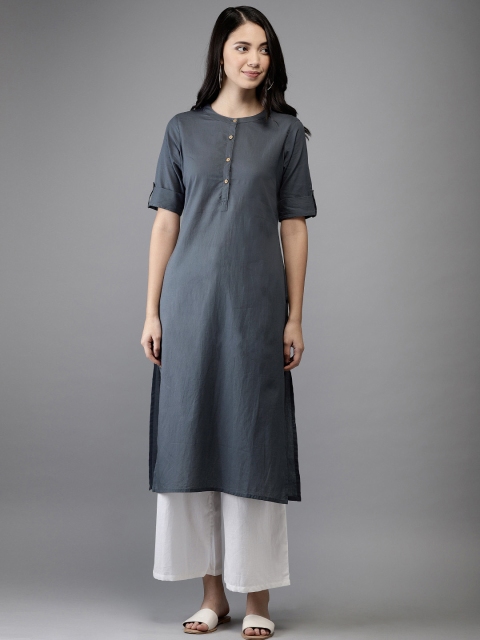 

HERE&NOW Women Grey Solid Straight Kurta