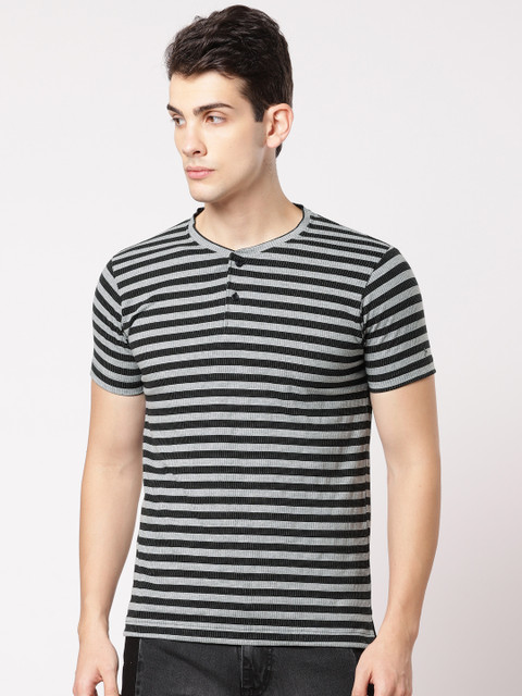 

ether Men Black Striped Mandarin Collar T-shirt