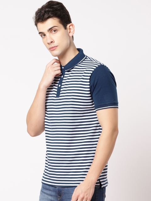

ether Men Navy Blue Striped Polo Collar T-shirt