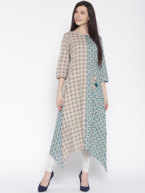 

Varanga Women Brown & Off-White Checked Printed A-Line Kurta