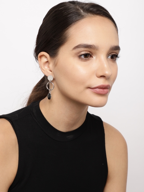

Ayesha Silver-Toned Circular Drop Black Rhinestone Dangler Earrings