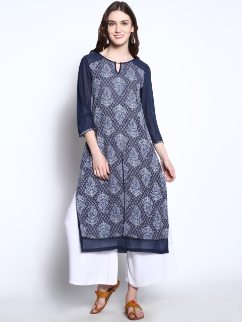 

RARE ROOTS Women Navy Blue Printed Straight Kurta
