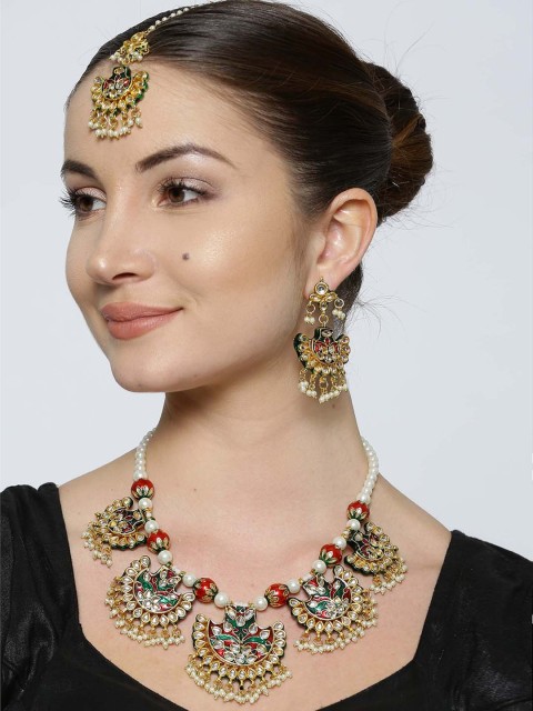 

Zobby Green & Red Gold-Plated Handcrafted Kundan Studded Jewellery Set