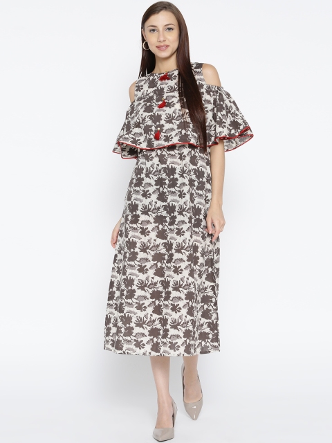 

Jaipur Kurti Women Brown Printed A-Line Cold Shoulder Dress