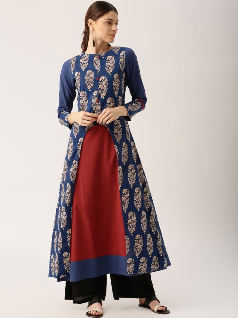 

Jaipur Kurti Women Blue & Rust Printed A-Line Layered Kurta