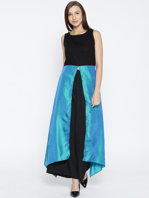 

Jaipur Kurti Women Black & Blue Colourblocked A-Line Asymmetric Kurta