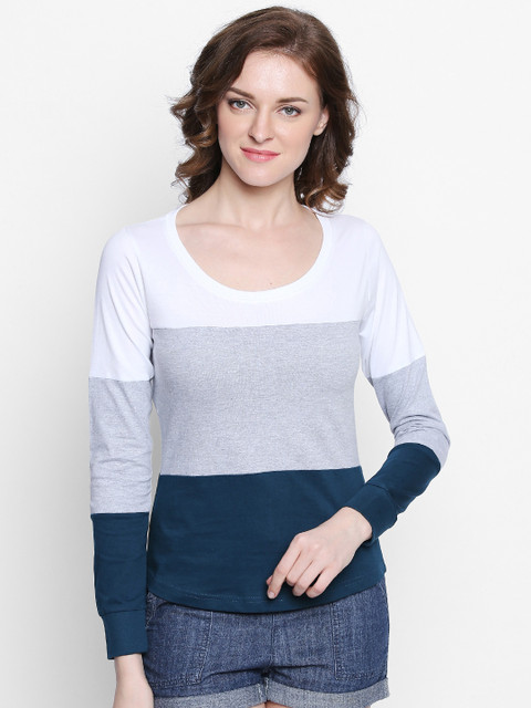 

The Dry State Women White & Grey Colourblocked Scoop Neck T-shirt