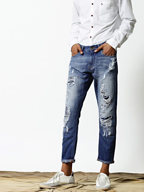 

Mr Bowerbird Men Blue Regular Fit Mid-Rise Cotton Linen Highly Distressed Jeans