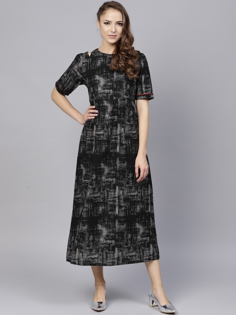 

Jaipur Kurti Women Black & Charcoal Grey Printed Midi A-Line Dress