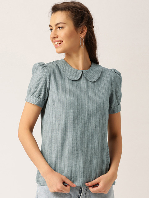 

Jaipur Kurti Women Green Striped Self Designed Top