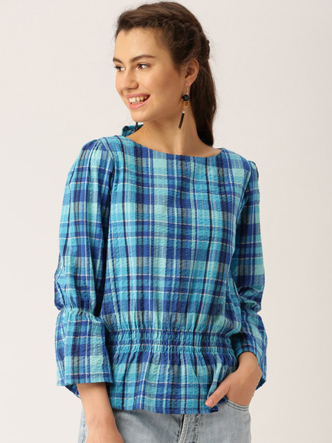 

Jaipur Kurti Women Blue Self Designed Checked Peplum Top