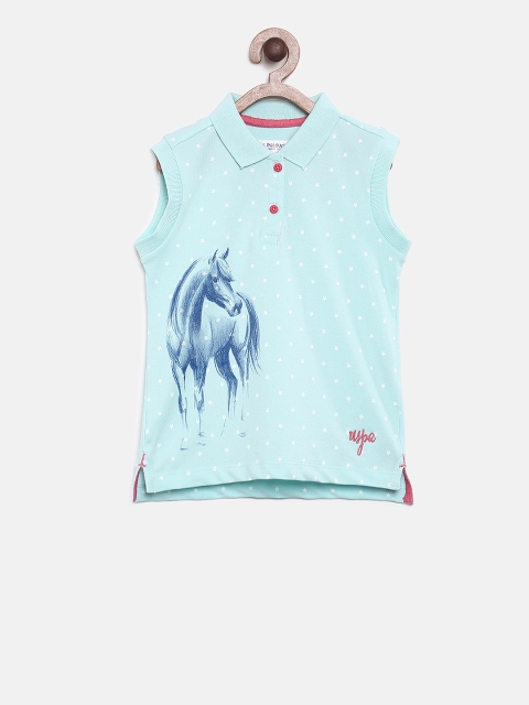 

U.S. Polo Assn. Kids Girls Blue Printed Sleeveless Polo Collar T-shirt