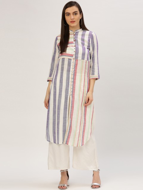 

Jaipur Kurti Women Multicoloured Striped Straight Kurta, Multi