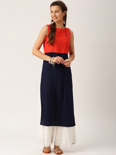 

Jaipur Kurti Women Orange & Navy Blue Colourblocked Straight Kurta