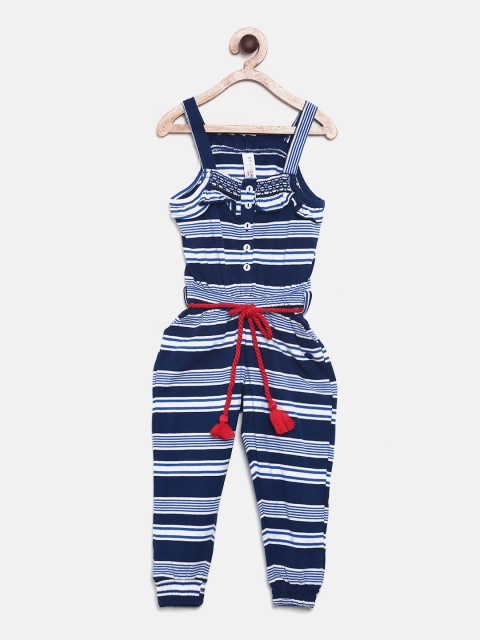 

U.S. Polo Assn. Kids Girls Navy Blue & White Striped Basic Jumpsuit