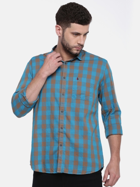 

British Club Men Blue & Brown Slim Fit Checked Casual Shirt