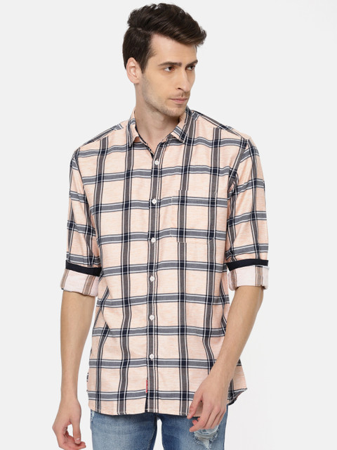 

Nature Casuals Men Orange & Black Slim Fit Checked Casual Shirt