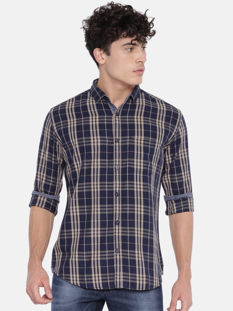 

Nature Casuals Men Navy Blue & Khaki Slim Fit Checked Casual Shirt