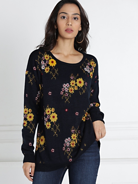 

all about you Women Navy Blue Mustard Floral Jacquard Pullover