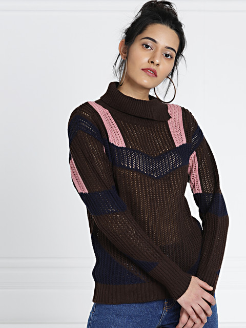 

all about you Women Brown Pink Self Design High-Neck Pullover
