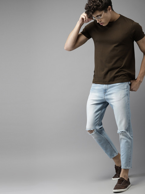 

HERE&NOW Men Blue Straight Fit Mid-Rise Cropped Slash Knee Stretchable Jeans