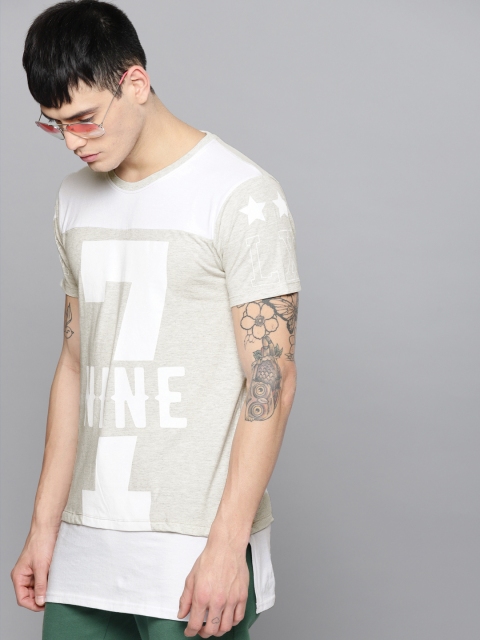 

Kook N Keech Men Grey Melange & White Printed Round Neck Longline T-shirt