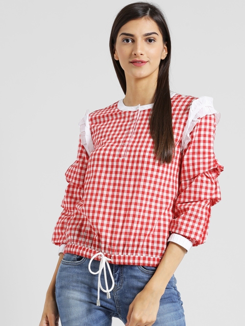 

Texco Women Red Checked Blouson Pure Cotton Top