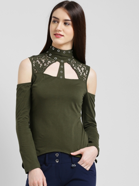 

Texco Women Olive Green Solid Styled Back Pure Cotton Top