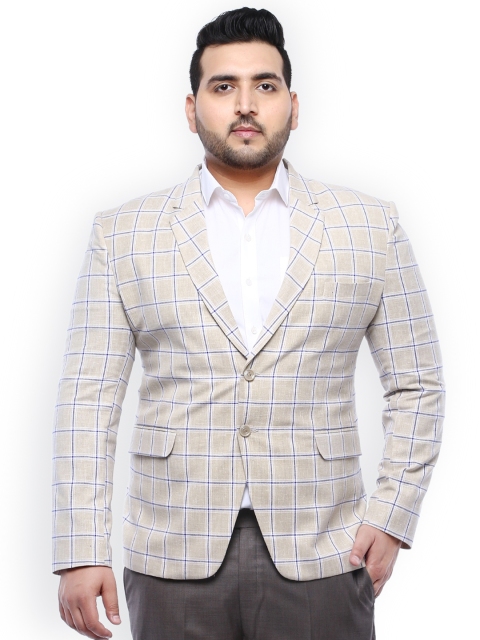 

John Pride Plus Size Men Beige Linen Checked Single Breasted Blazer