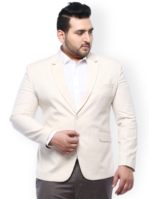 

John Pride Plus Size Men Cream-Coloured Linen Solid Single Breasted Blazer